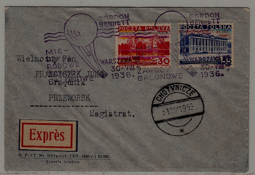 Poland Airmail cover Gordon Bennett 30.8.36