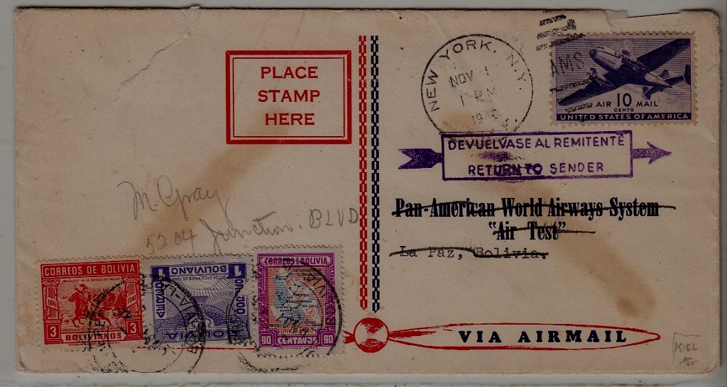 USA/Bolivia airmail cover 1.1.46 NY return to sender/tear