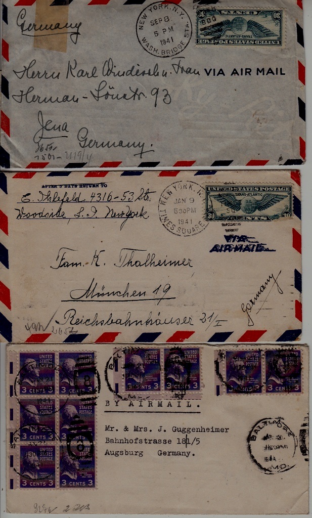 USA/Germany 3 censored airmail covers 1941