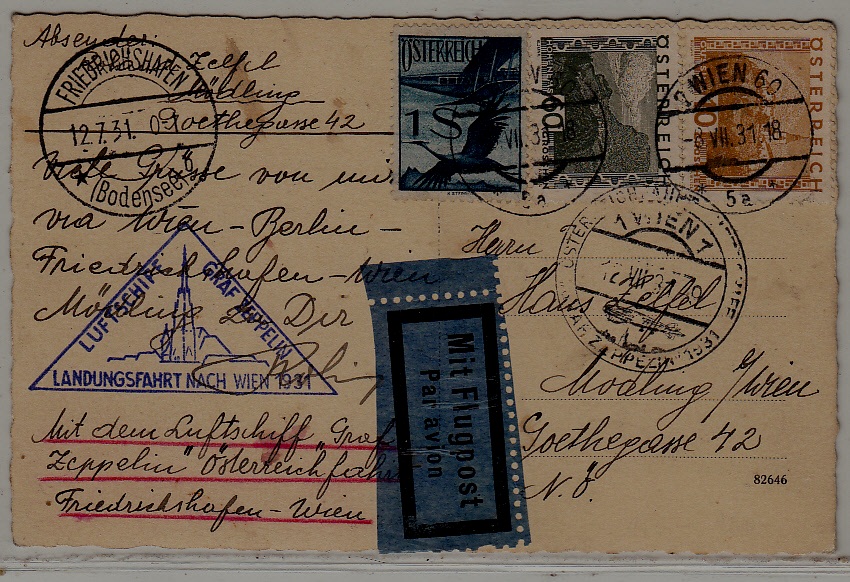 Austria/Germany Zeppelin card 12.7.31 Wien