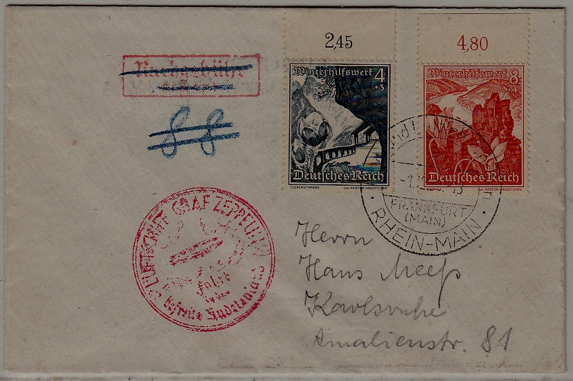 Germany Zeppelin cover Sudetenland flight 1.12.38 Nachgebuhr