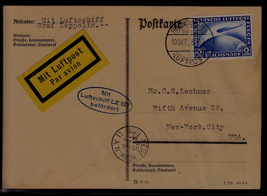 Germany/USA Zeppelin card LZ127 10.10.28 faults
