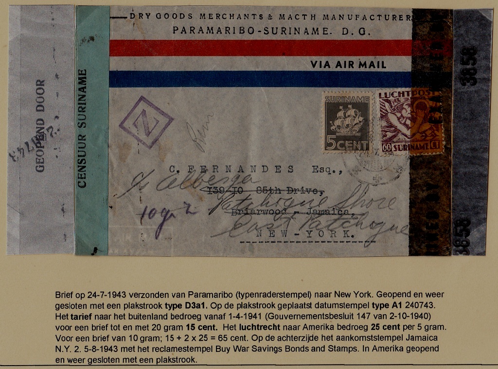 Suriname/USA censored cover 24.7.43