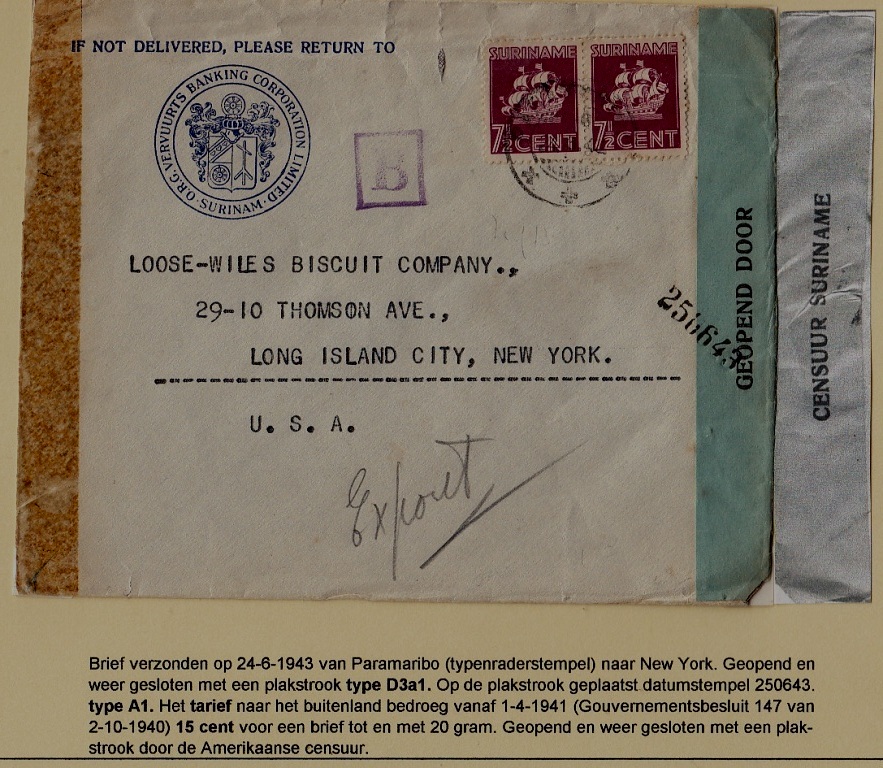 Suriname/USA censored cover 24.6.43