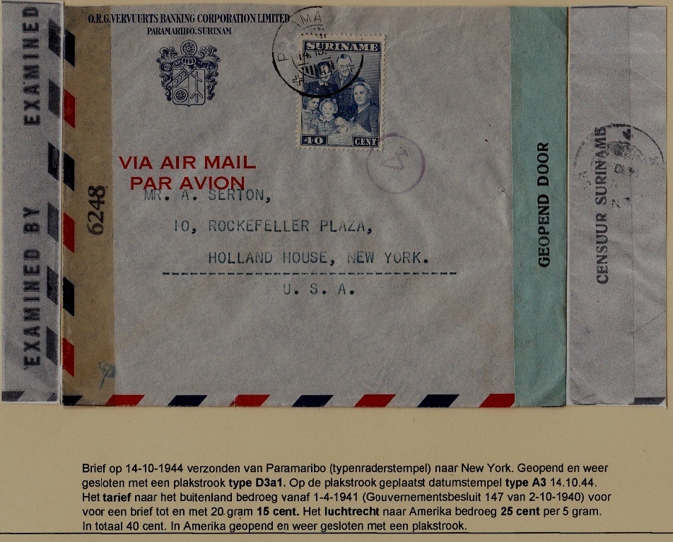 Suriname/USA censored cover 14.10.44