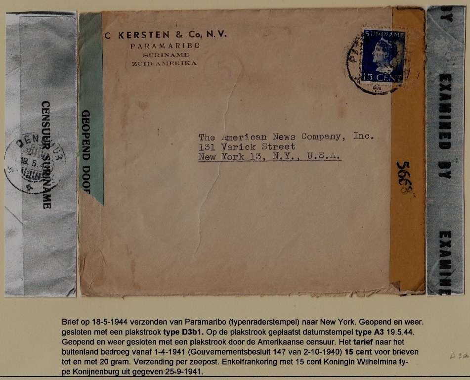 Suriname/USA censored cover 18.5.44