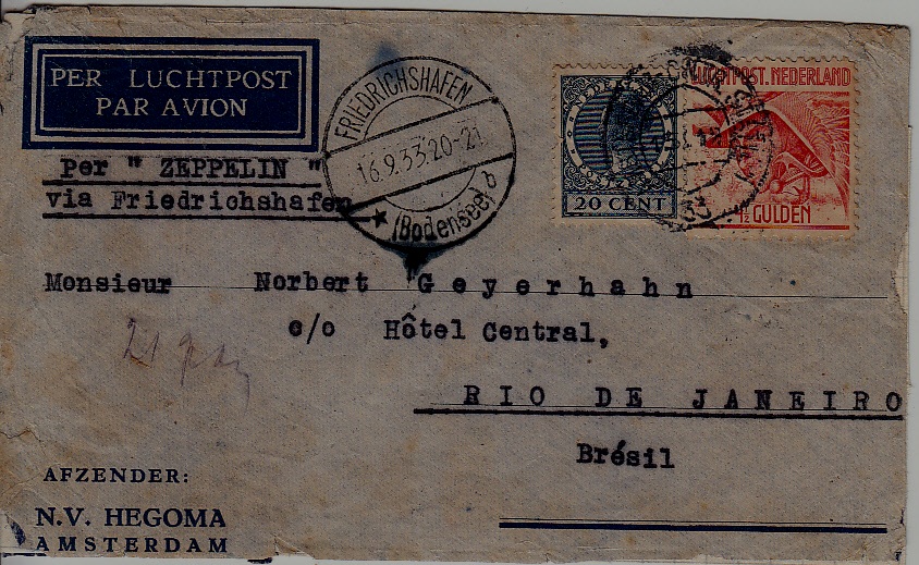 Netherlands/Germany/Brazil Zeppelin cover 16.9.33