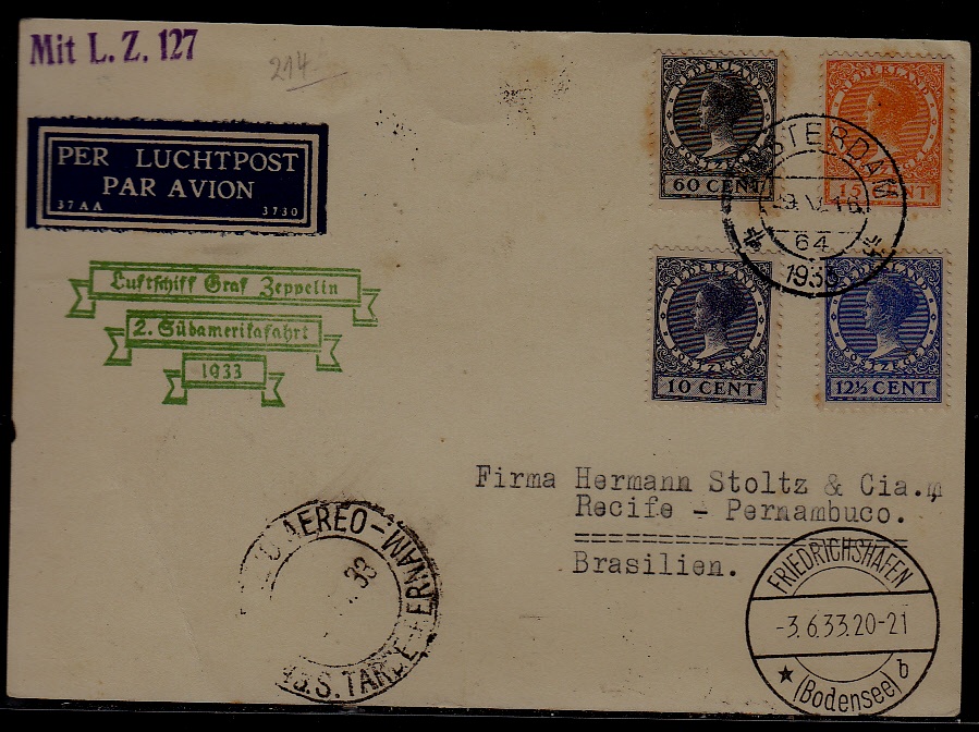 Netherlands/Germany/Brazil Zeppelin card 2.SAF 29.5.33