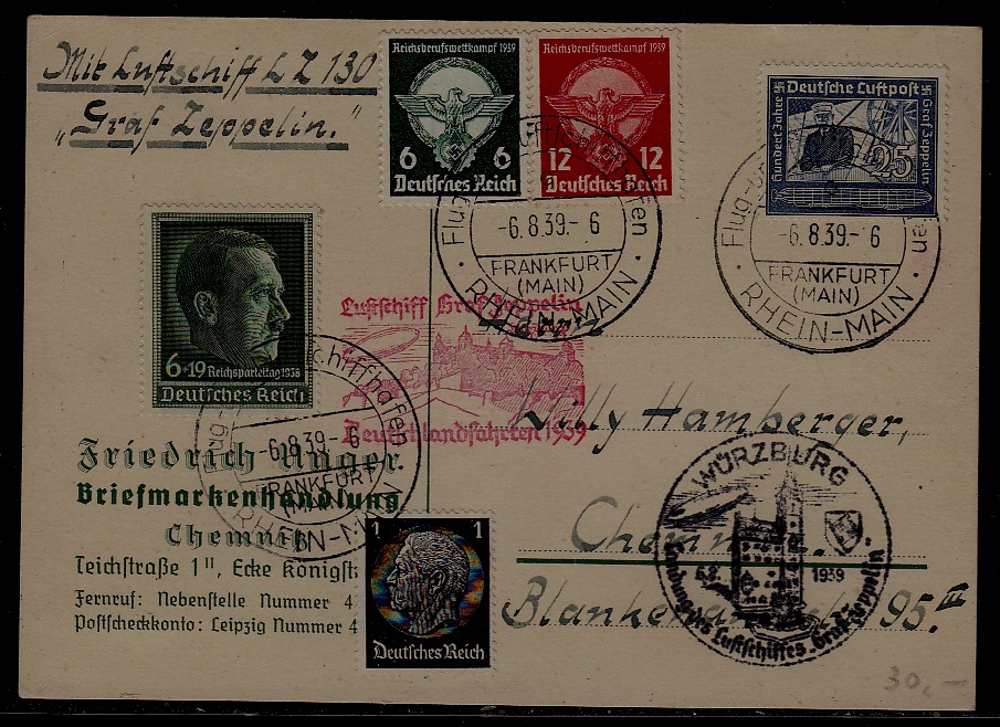 Germany Zeppelin card Wurzburg 6.8.39