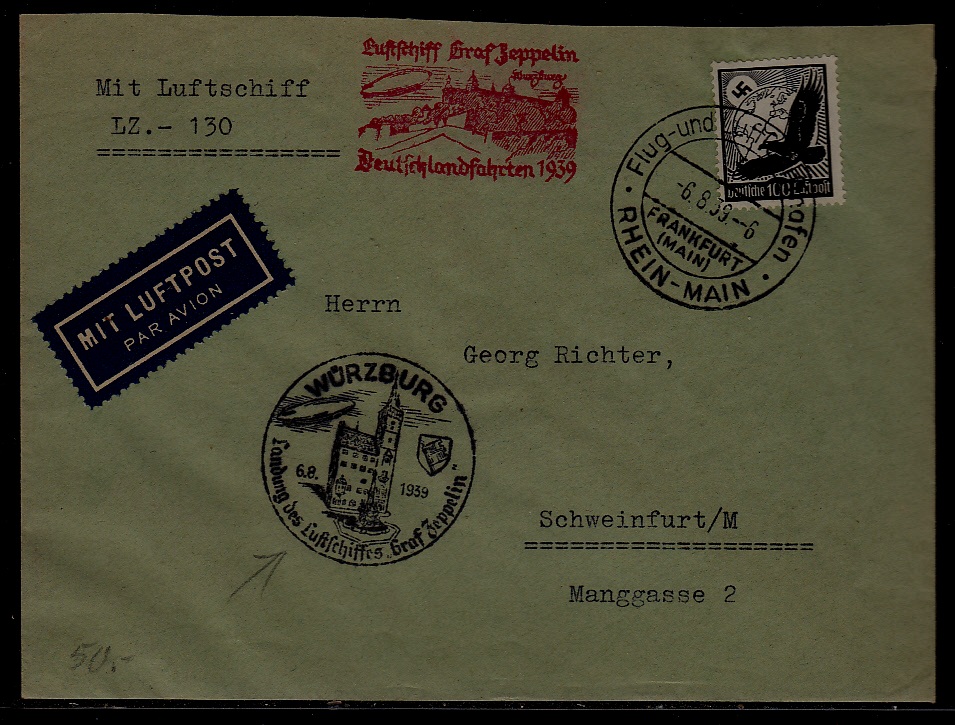 Germany Zeppelin cover  6.8.39 Wurzburg