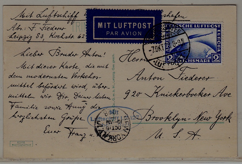 Germany/USA Zeppelin card 7.10.28 Friedrichshafen