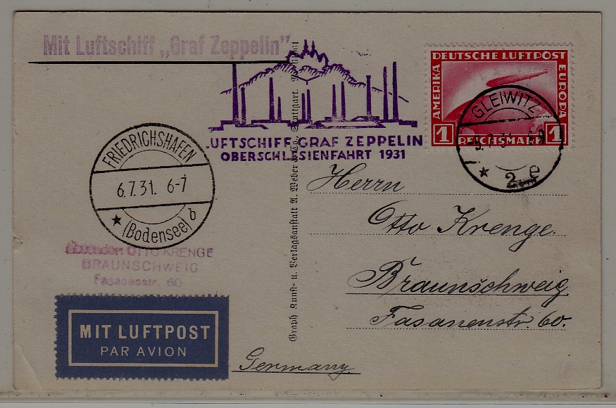 Germany Zeppelin card 5.7.31 Gleiwitz/Friedrichshafen