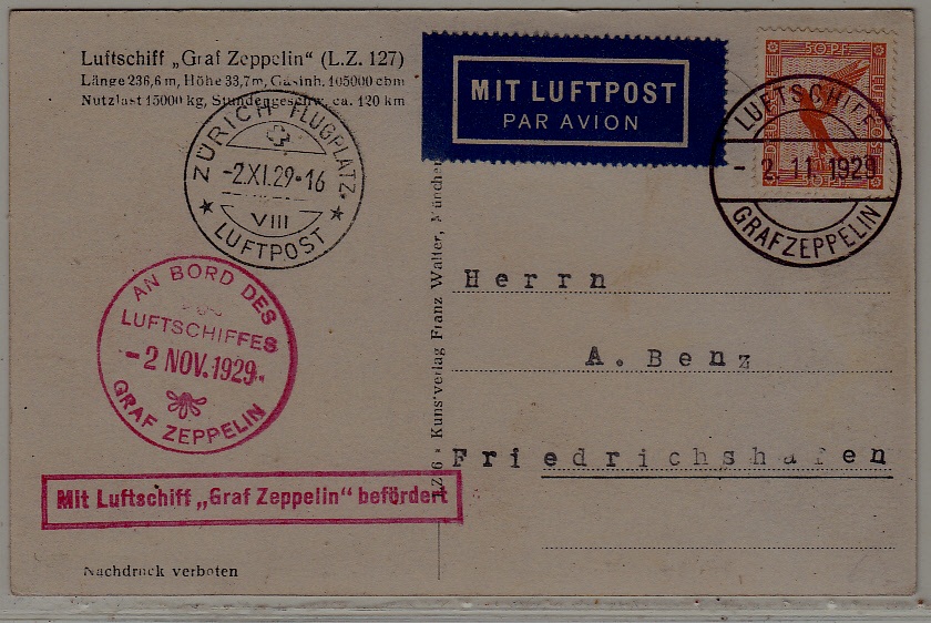 Germany/Switzerland Zeppelin card 2.11.29 boardpost