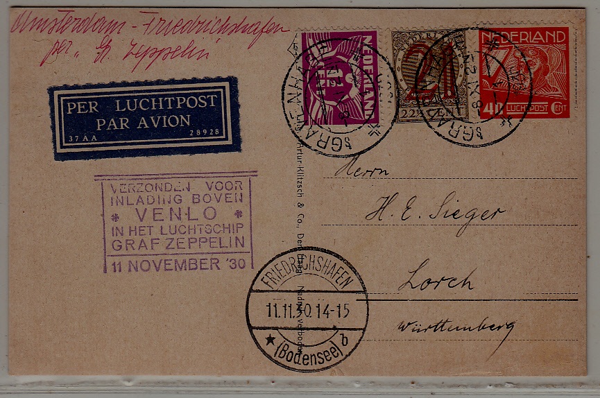 Netherlands/Germany Zeppelin card 8.11.30 Gravenhage