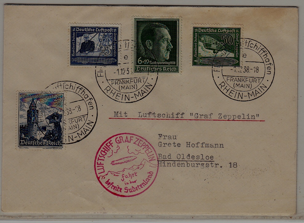 Germany Zeppelin cover Sudetenland flight 1.12.38