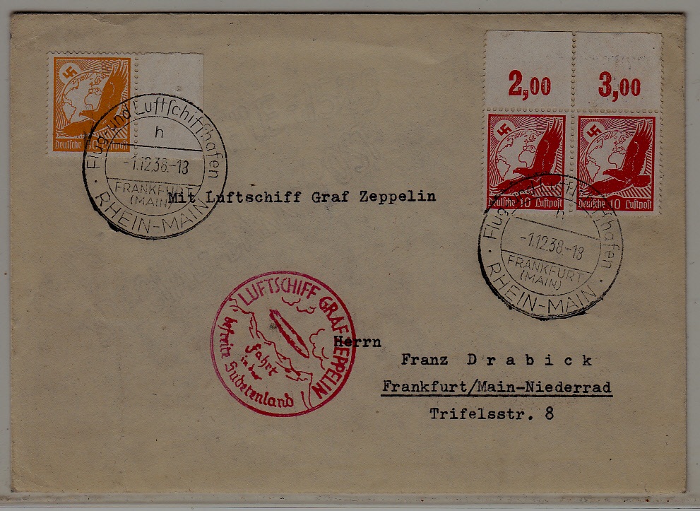 Germany Zeppelin cover Sudetenland flight 1.12.38
