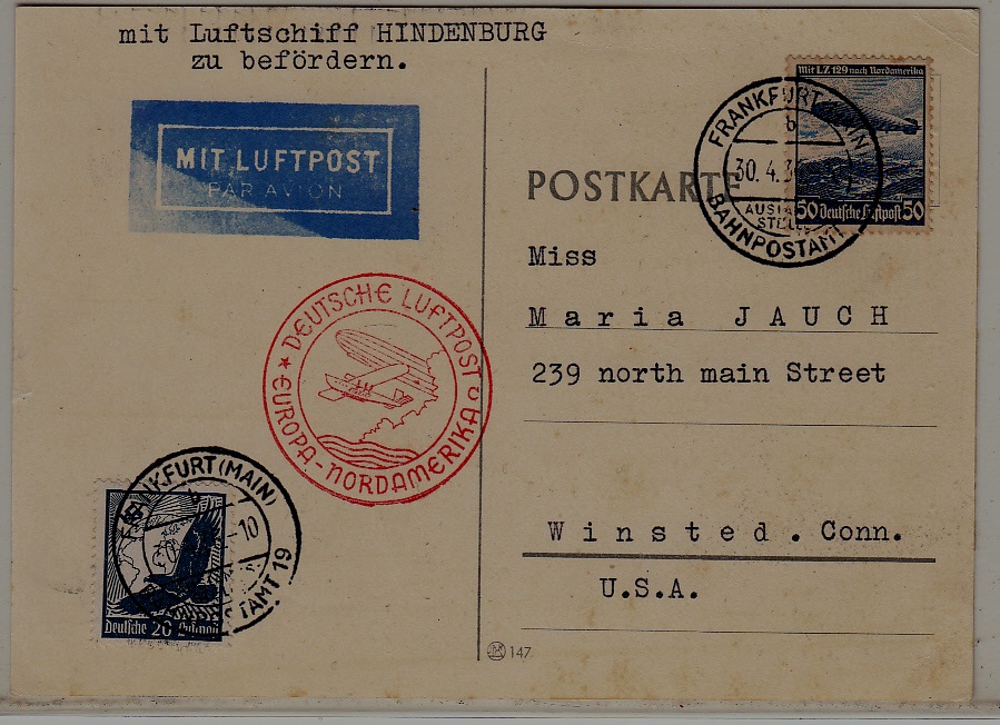 Germany/USA Zeppelin card 30.4.36 Frankfurt