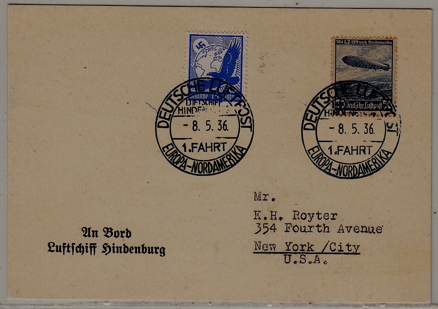 Germany/USA Zeppelin card 1.NAF 8.5.36