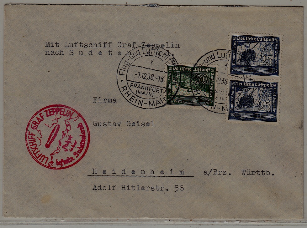 Germany Zeppelin cover Sudetenland flight 1.12.38