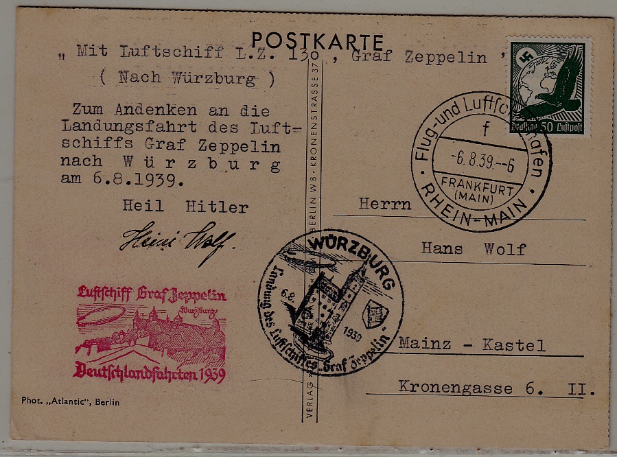 Germany Zeppelin card  6.8.39 Wurzburg