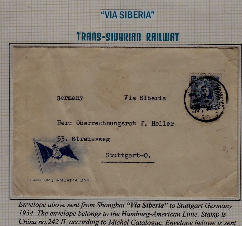 China/Germany cover Trans-Siberian railway Hamburg Linie 1934