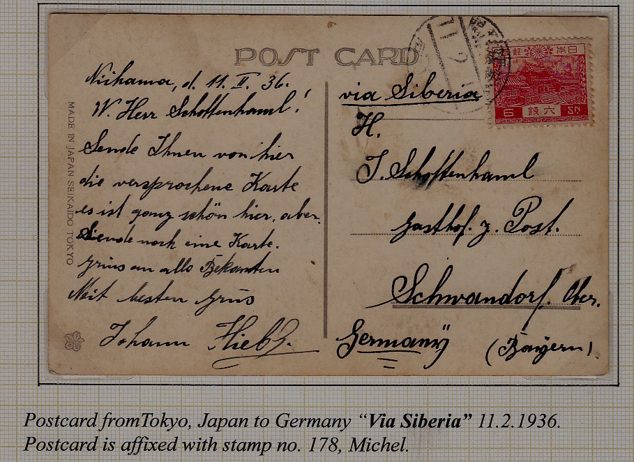 Japan/Germany card Trans-Siberian railway 11.2.36 Tokyo