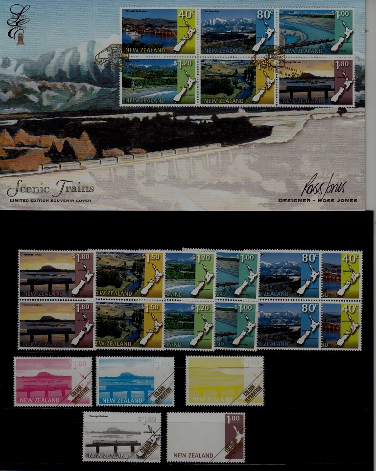 New Zealand 1446-51 MNH Trains artist signed FDC,color proofs