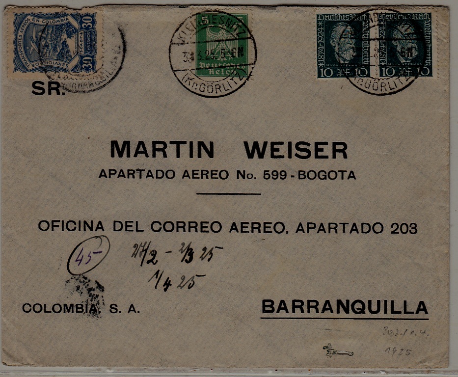 Germany/Colombia airmail cover Scadta 3.3.25 Kleinbiesnitz signed Spalink