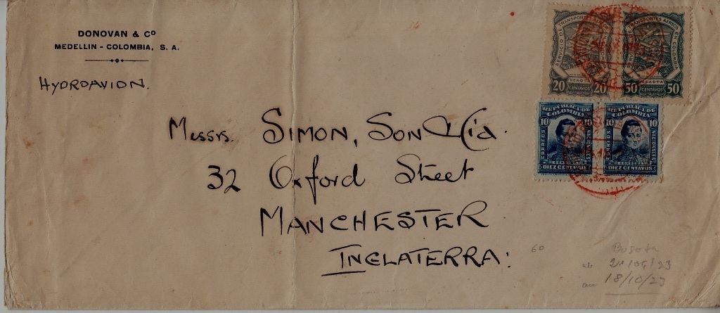 Colombia/UK airmail cover Scadta 18.10.23 signed Spalink