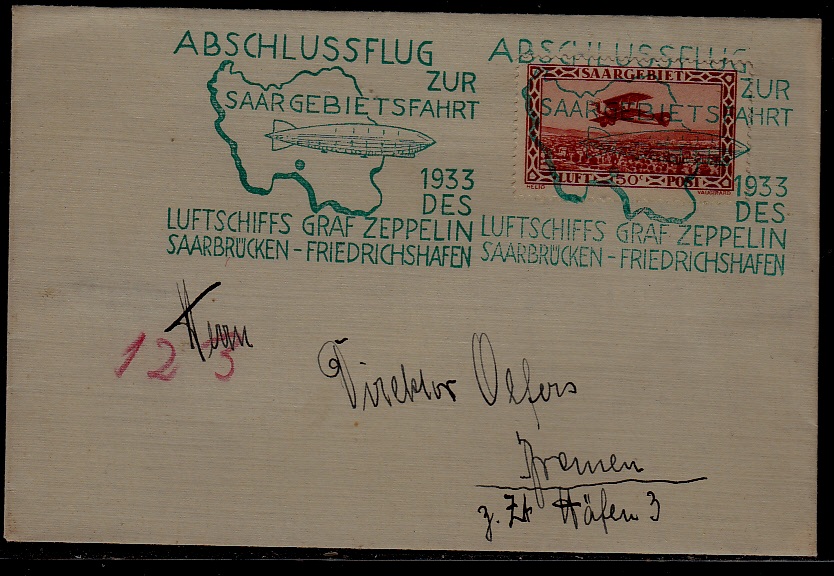 Germany Zeppelin cover Saargebiet fahrt 25.6.33