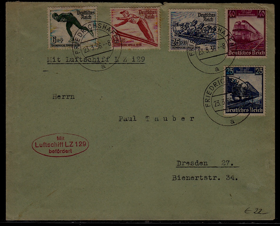 Germany Zeppelin cover LZ 129 23.3.36 Friedrichshafen crease