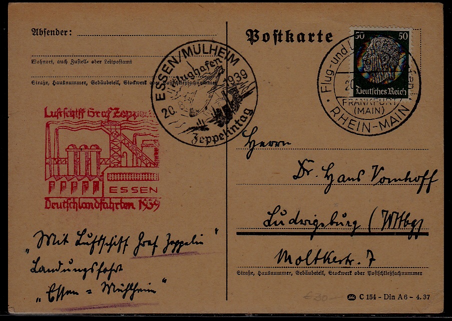 Germany Zeppelin card 20.8.39 Essen