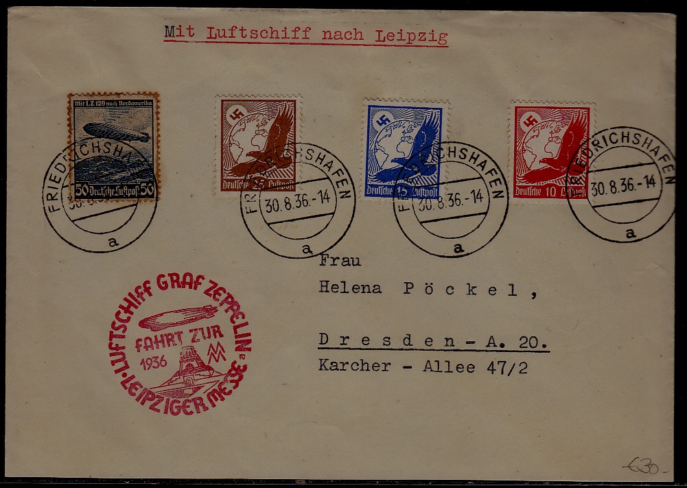Germany Zeppelin cover Leipzig flight 30.8.36 Friedrichshafen
