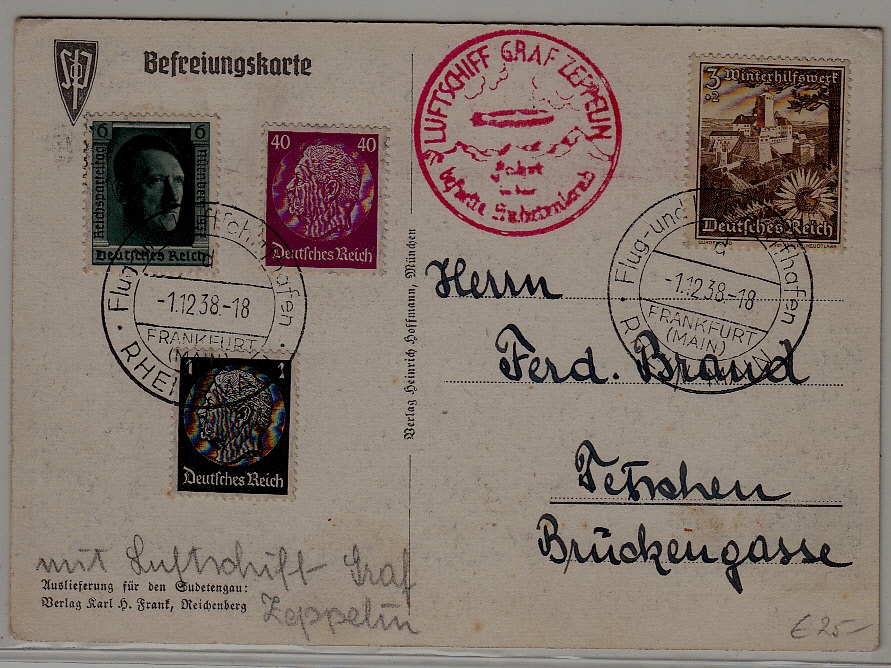Germany Zeppelin card Sudetenland flight 1.12.38
