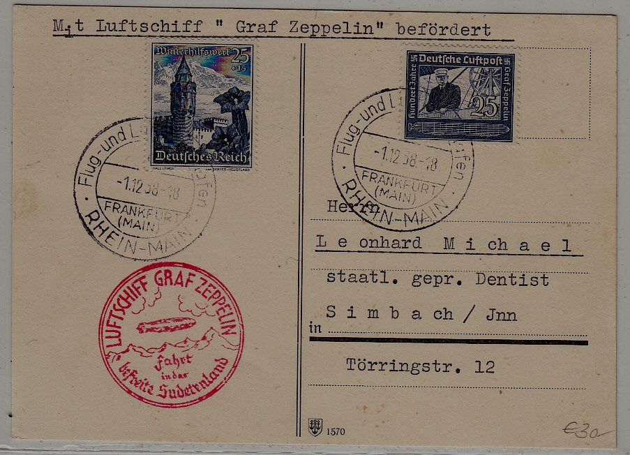 Germany Zeppelin card Sudetenland flight 1.12.38