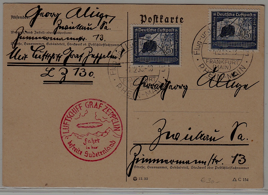 Germany Zeppelin card Sudetenland flight 1.12.38