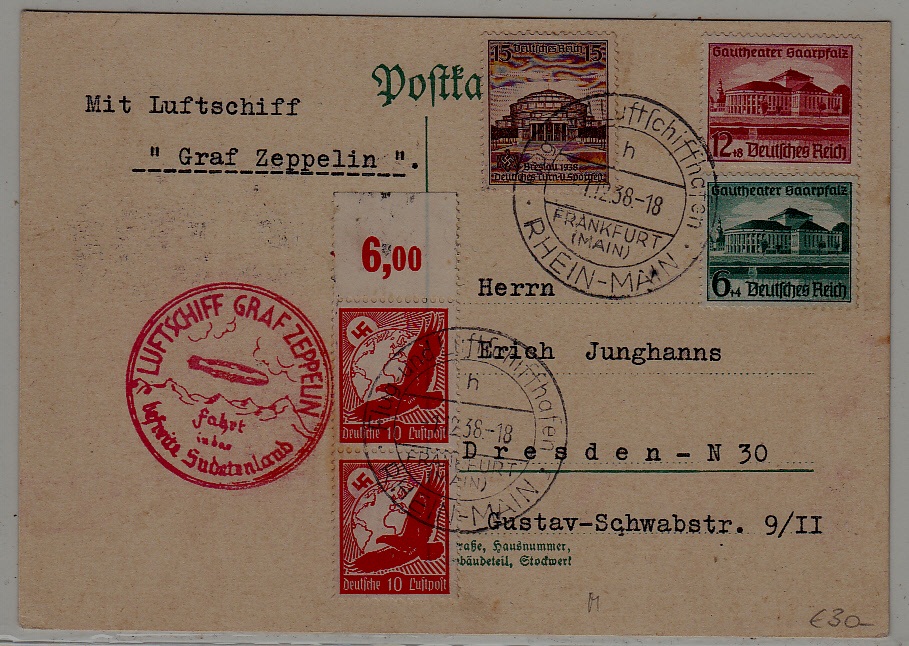 Germany Zeppelin card Sudetenland flight 1.12.38