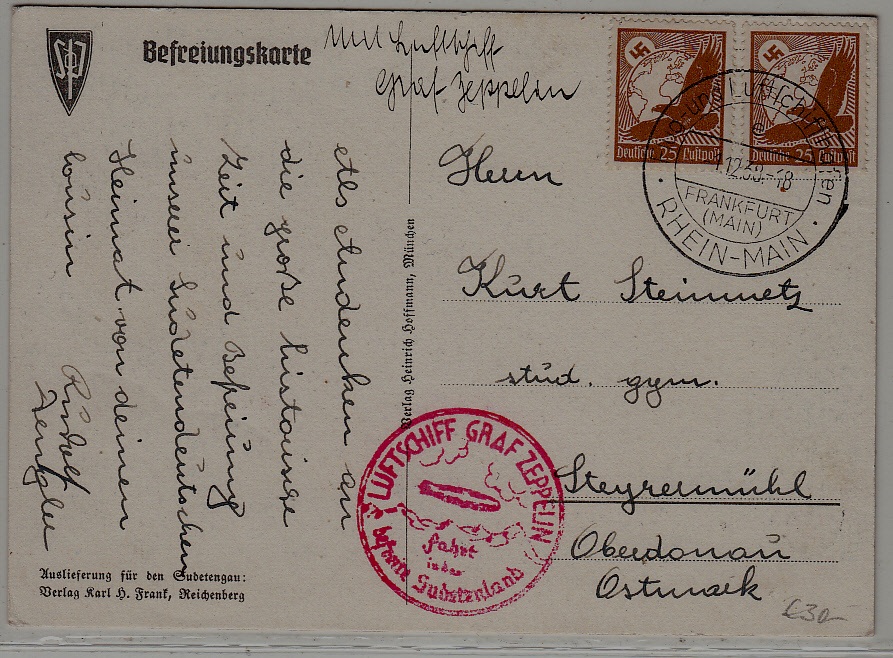 Germany Zeppelin card Sudetenland flight 1.12.38