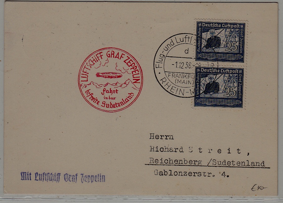 Germany Zeppelin card Sudetenland flight 1.12.38