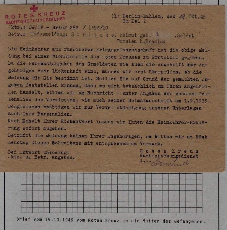 Germany letter Red Cross,POW, 19.10.49 Stritzke Helmut