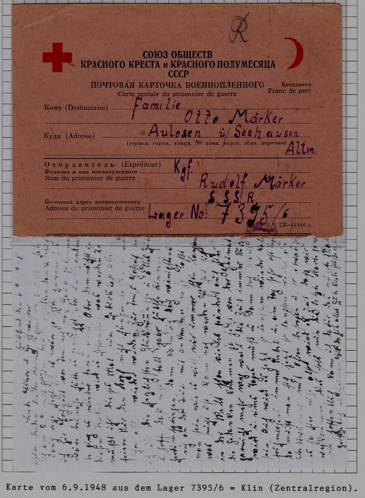 Russia/Germany POW mail card camp Klin 6.9.48