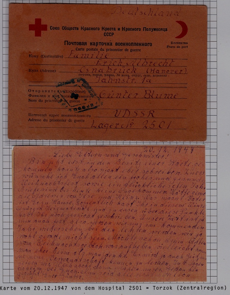 Russia/Germany POW mail card hospital Torzok 20.12.47