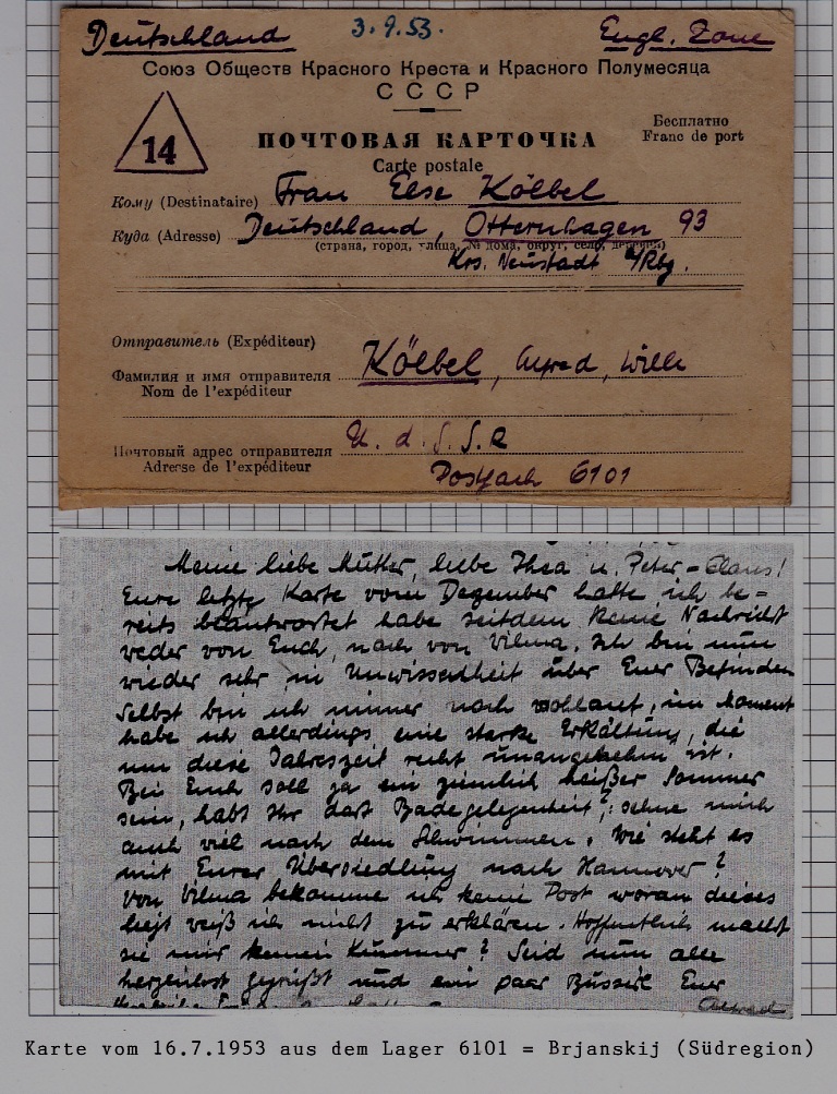 Russia/Germany POW mail card camp Brjansk 16.7.53