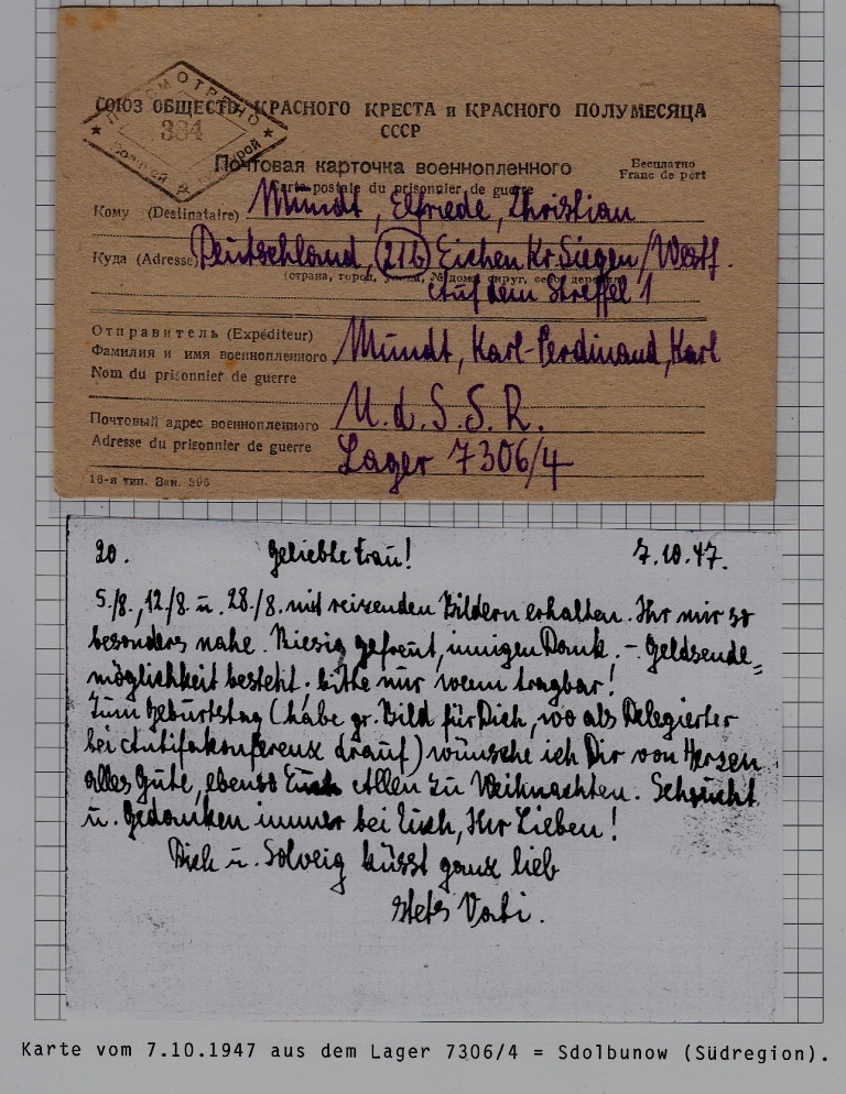 Russia/Germany POW mail card camp Sdolbunow 7.10.47