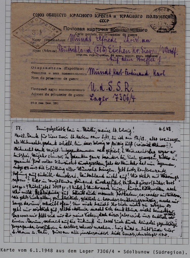 Russia/Germany POW mail card camp Sdolbunow 6.1.48
