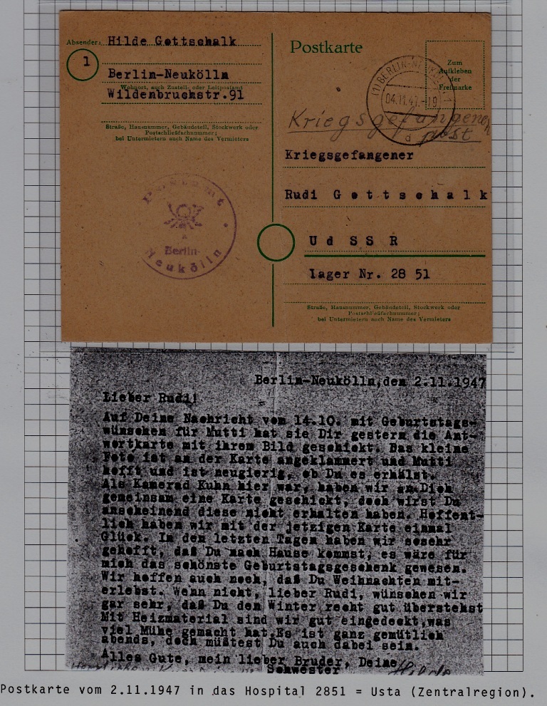 Germany/Russia POW mail card hospital Usta 2.11.47