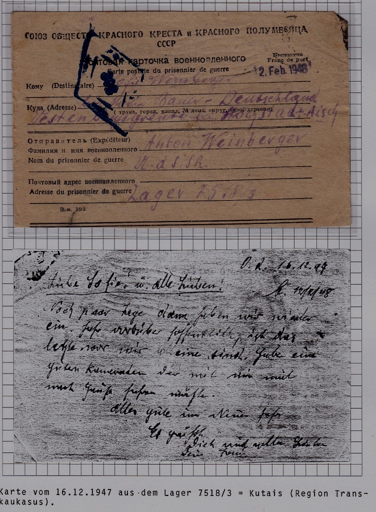 Russia/Germany POW mail card camp Kutaisi 16.12.47
