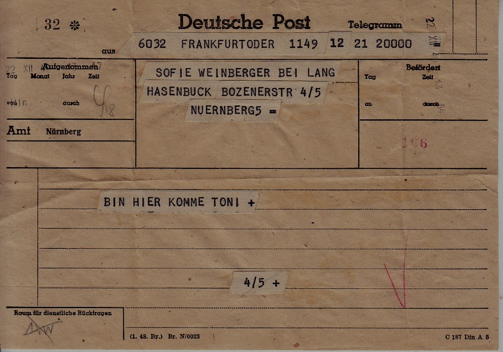 Germany POW mail Telegramm 21.12.49 Fr./Oder