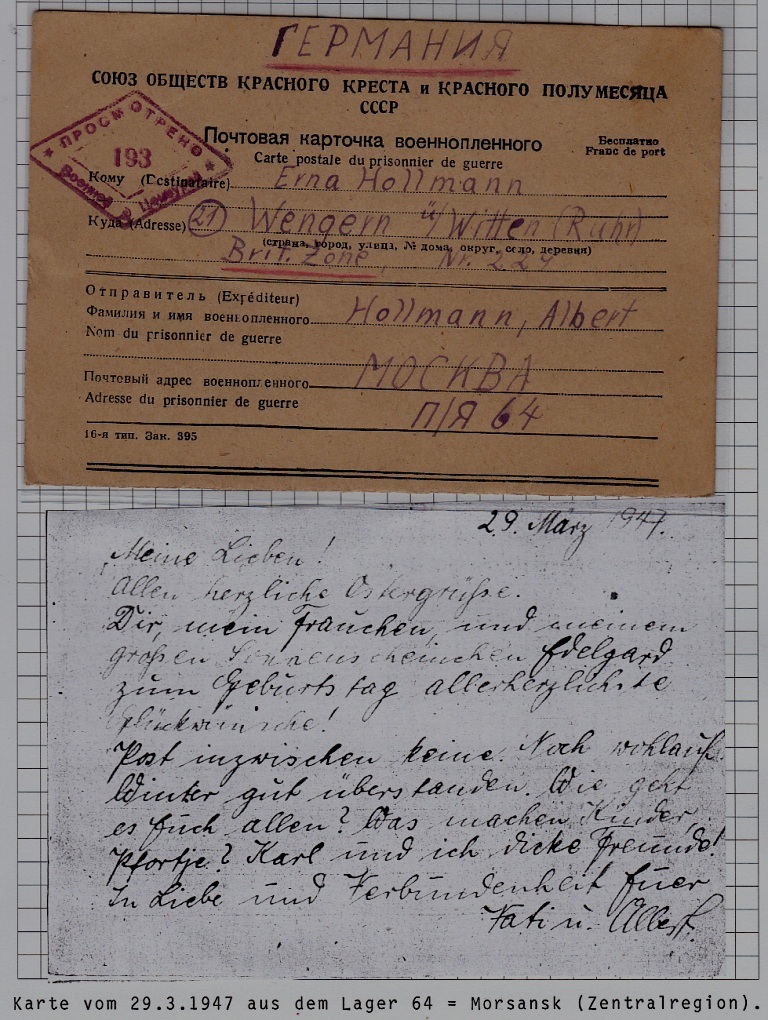 Russia/Germany POW card camp Morsansk 29.3.47