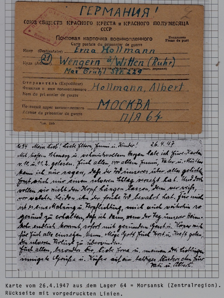 Russia/Germany POW card camp Morsansk 26.4.47